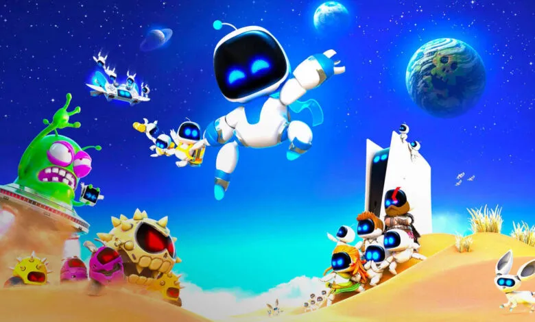 Astro Bot and friends explore a vibrant, colorful alien landscape with planets and spaceships.