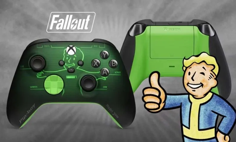 Fallout-themed Xbox controller with Pip-Boy design and green accents.