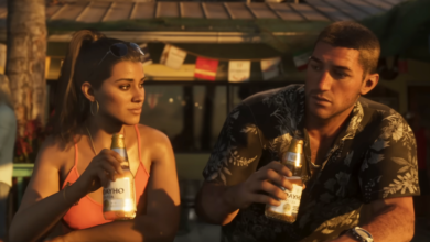 Woman and man at a bar, holding beer bottles, tropical setting.