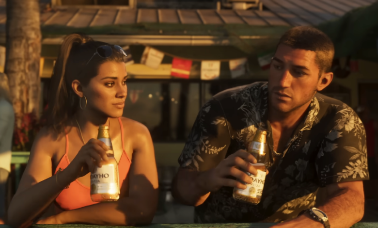 Woman and man at a bar, holding beer bottles, tropical setting.