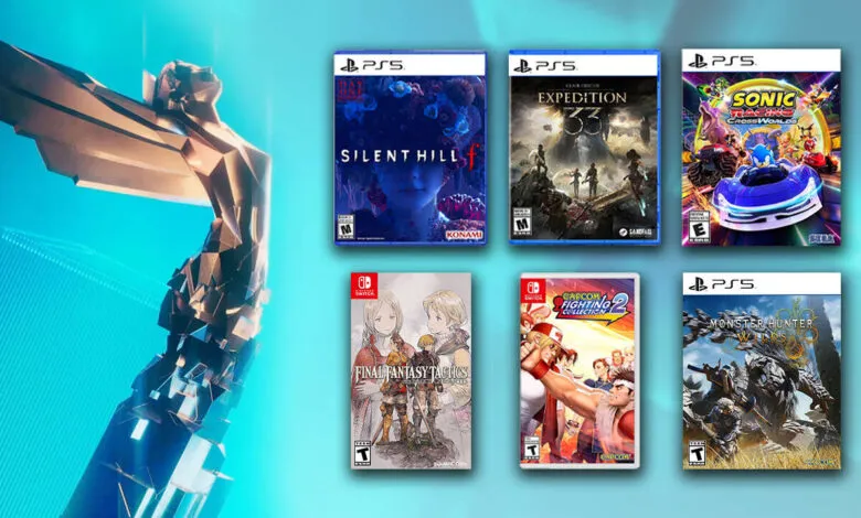 Game Awards trophy with game covers: Silent Hill, Expedition 33, Sonic Racing, Final Fantasy Tactics, Capcom Fighting, Monster Hunter.