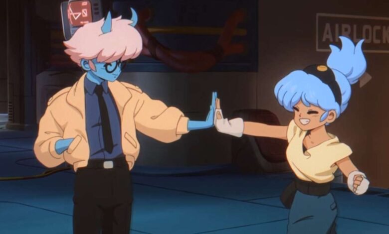 Animated characters with blue skin touch hands in a retro sci-fi setting.