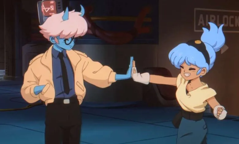 Animated characters with blue skin touch hands in a retro sci-fi setting.