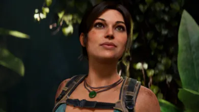 Lara Croft looks up in a lush jungle environment, wearing her signature necklace.
