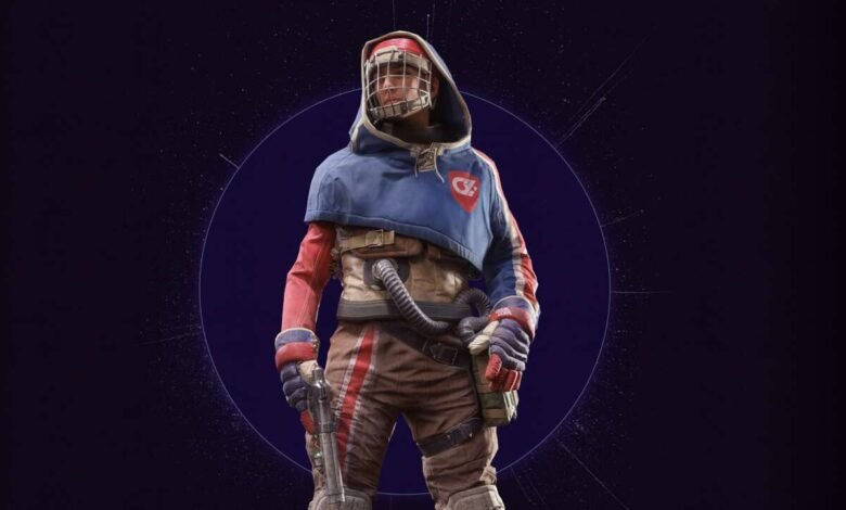 Character in futuristic hockey gear with helmet and weapon stands against a dark background.