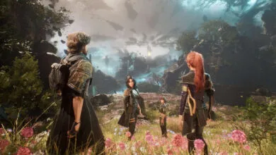 Four characters stand in a field of flowers, gazing at a fantastical landscape.