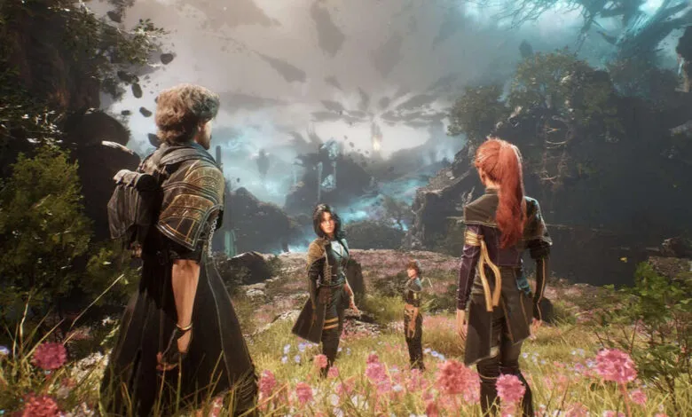 Four characters stand in a field of flowers, gazing at a fantastical landscape.