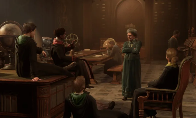 Hogwarts students and Professor McGonagall in a dimly lit classroom.