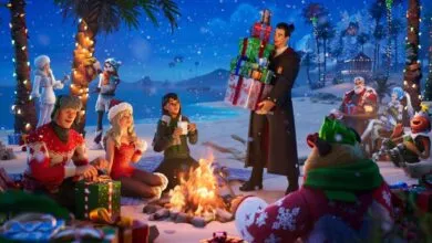Fortnite characters celebrate Winterfest on a snowy beach with presents and a bonfire.