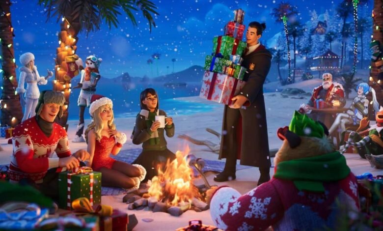 Fortnite characters celebrate Winterfest on a snowy beach with presents and a bonfire.