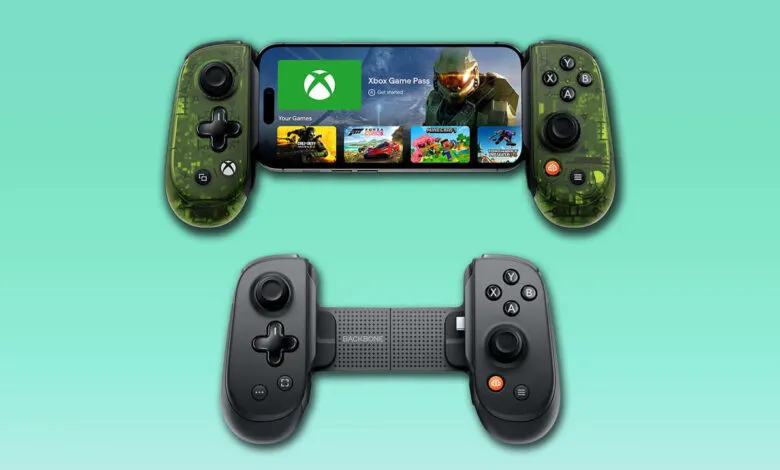 Two Backbone One mobile gaming controllers, one with a phone attached, on a teal background.