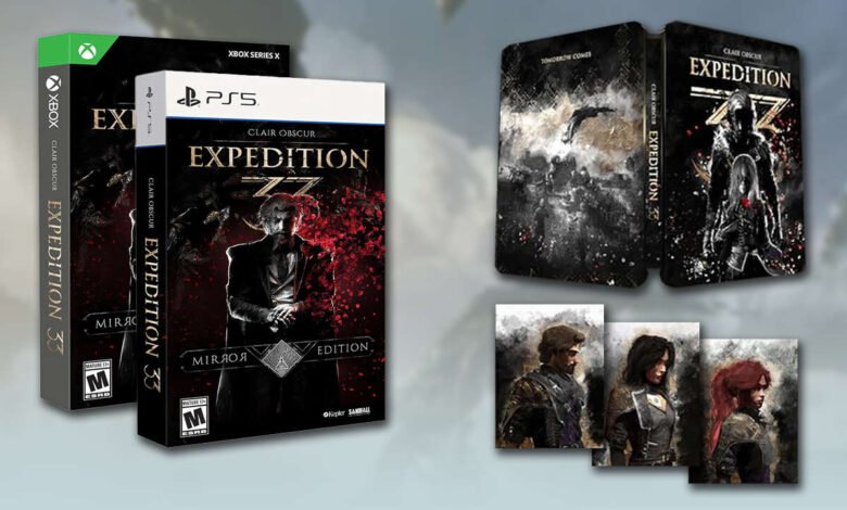 Clair Obscur: Expedition 33 Mirror Edition for Xbox Series X and PS5, plus steelbook and art cards.