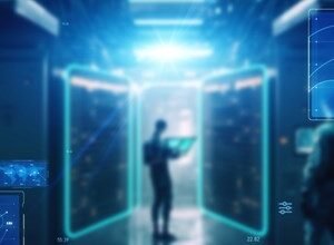 Blurred server room with glowing blue interfaces and a person holding a tablet.