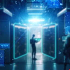 Blurred server room with glowing blue interfaces and a person holding a tablet.