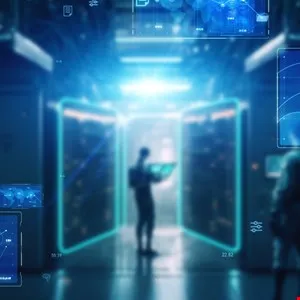 Blurred server room with glowing blue interfaces and a person holding a tablet.