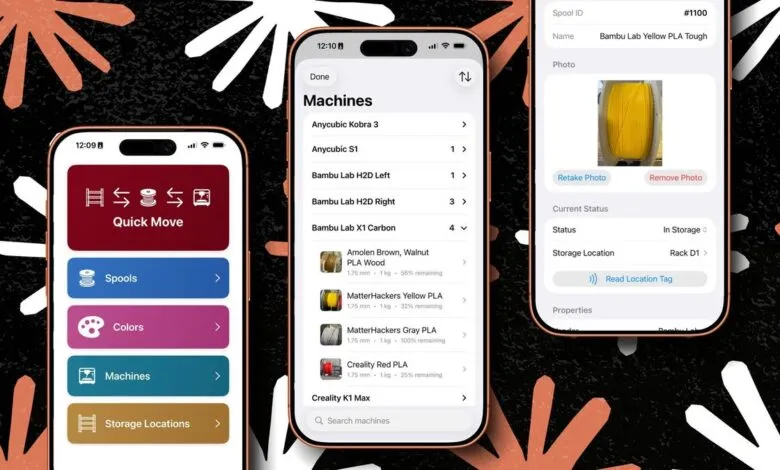 Screenshots of a 3D printer filament management app on iPhones.