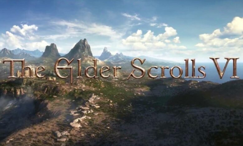 The Elder Scrolls VI logo over a landscape with mountains and ocean.