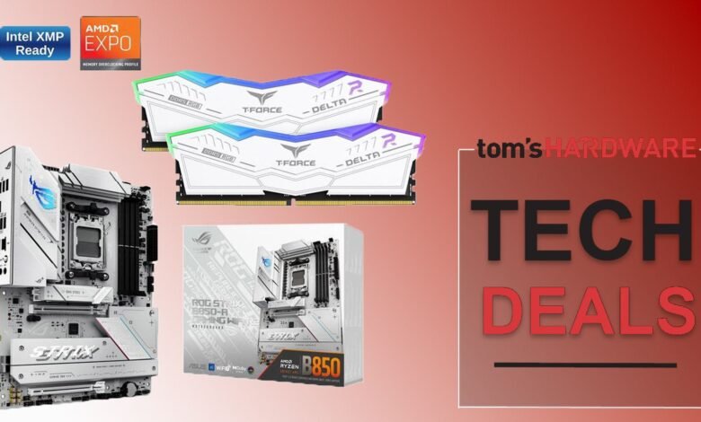 Computer components: motherboard, RAM, and Tom's Hardware Tech Deals logo.