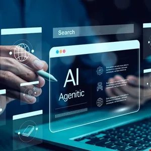 Hands using a stylus on a laptop screen displaying 'AI Agenitic' with icons.