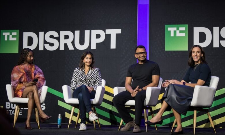 Four panelists sit on stage at TechCrunch Disrupt conference.
