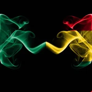 Abstract smoke art featuring green, yellow, and red colors on a black background.