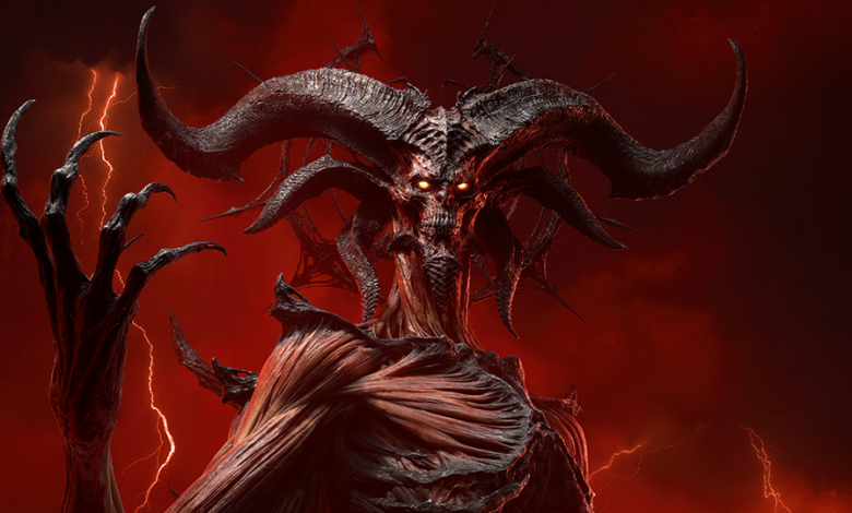 Diablo character with horns and glowing eyes in a fiery background.