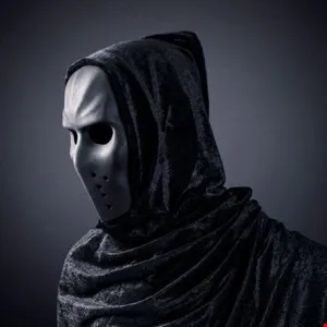 Person wearing a dark hooded cloak and a silver hockey mask.
