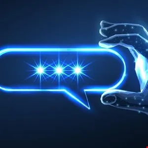 Glowing blue speech bubble with three stars held by a digital hand.