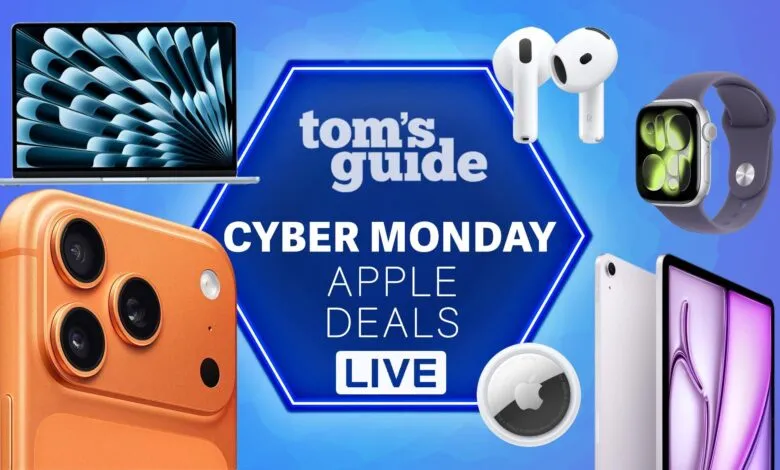 Cyber Monday Apple deals from Tom's Guide featuring iPhone, MacBook, AirPods, Watch, iPad, AirTag.