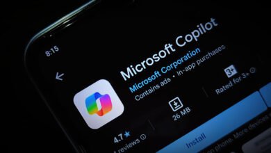 Microsoft Copilot app detail on a smartphone screen, showing logo, rating, and download size.