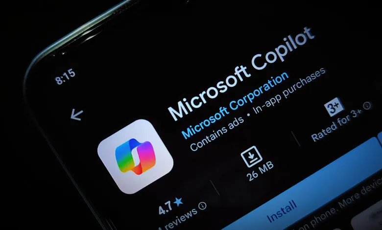 Microsoft Copilot app detail on a smartphone screen, showing logo, rating, and download size.