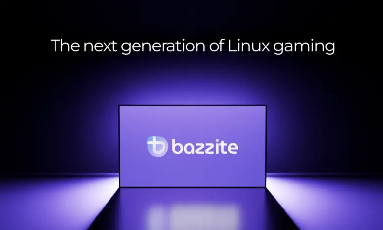 Bazzite logo on a screen, promoting the next generation of Linux gaming.