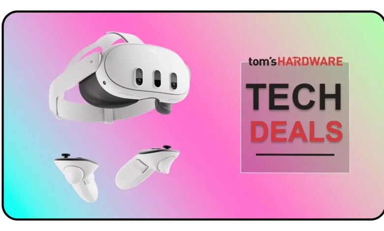 White VR headset and controllers floating against a colorful background.