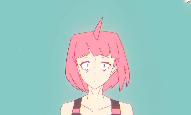 Anime-style girl with pink hair and a concerned expression against a teal background.
