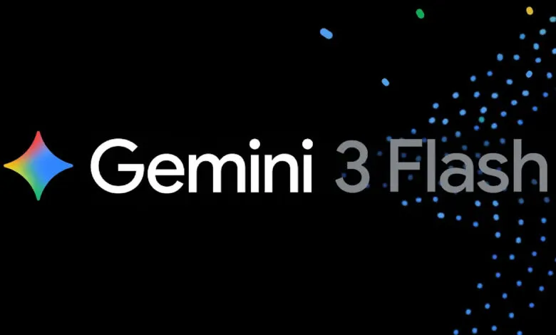 Gemini 3 Flash logo with colorful star and scattered blue dots on black background.