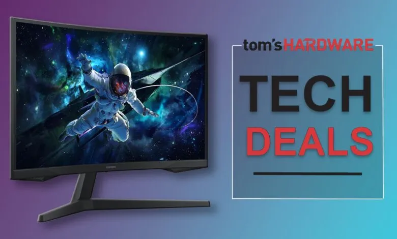 Samsung curved monitor displays astronaut in space, 'Tom's Hardware Tech Deals' text.