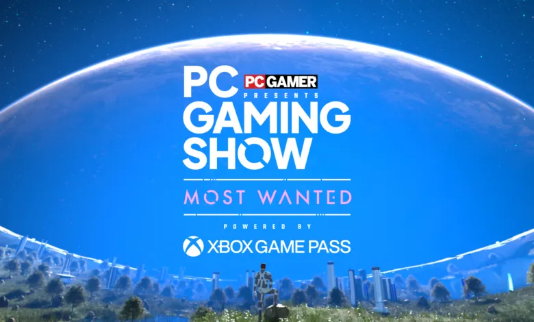 PC Gaming Show Most Wanted event graphic with futuristic landscape.