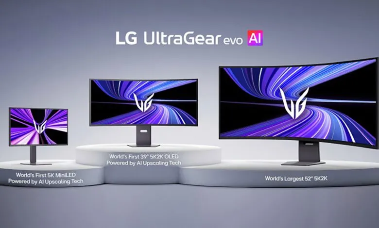 Three LG UltraGear evo AI monitors of varying sizes displayed on platforms.