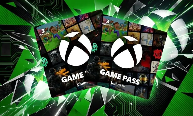 Two Xbox Game Pass Ultimate cards with game art on a green and black background.