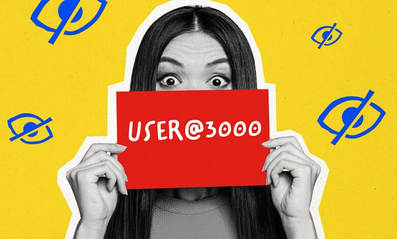 Person holding 'USER@3000' sign with surprised expression, privacy icons.