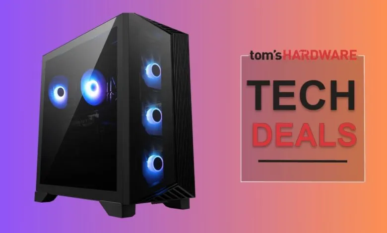 Black computer tower with blue LED fans next to 'Tech Deals' graphic.