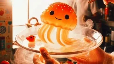 Cute jellyfish-shaped food art on a plate with steam.