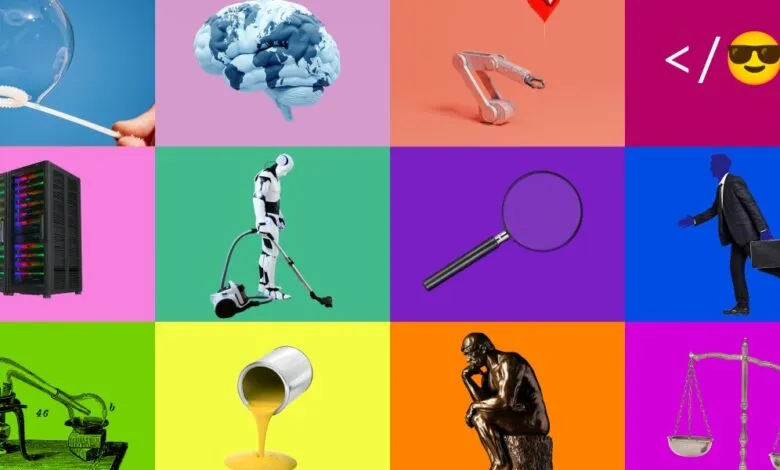 Collage of AI concepts: bubble, brain, robot arm, code, server, robot vacuum, magnifying glass, businessman, flask, paint, thinker statue, scales.