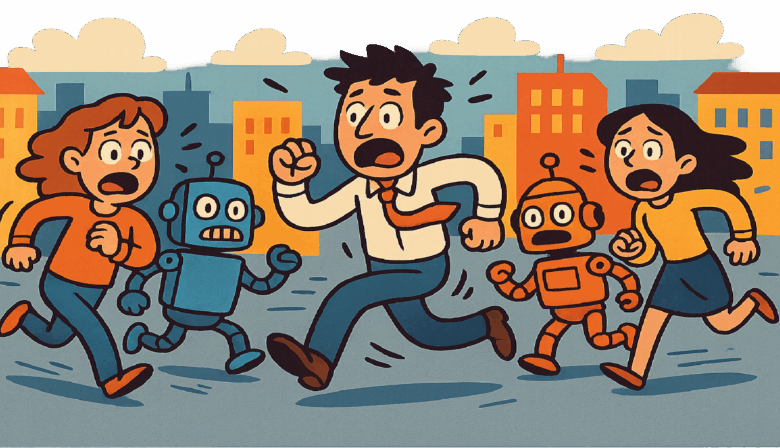 Cartoon image of people and robots running in fear through a city street.
