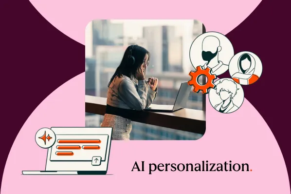 Woman on laptop with AI personalization icons, diverse users.