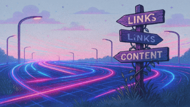 Road with neon lights and sign pointing to 'Links' and 'Content'.