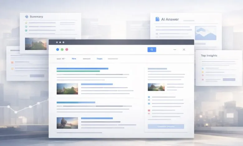 AI search results page with summaries, answers, and top insights displayed.