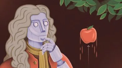 Robot resembling Isaac Newton contemplates a falling apple.
