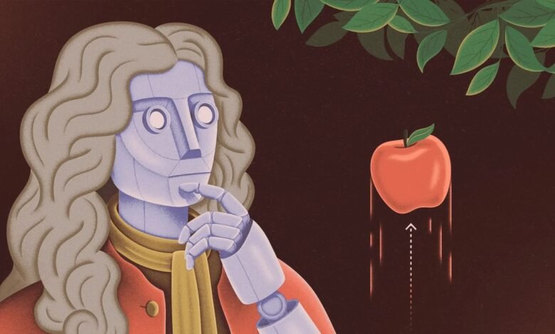 Robot resembling Isaac Newton contemplates a falling apple.