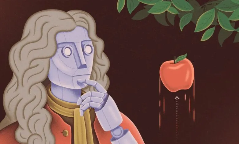 Robot resembling Isaac Newton contemplates a falling apple.